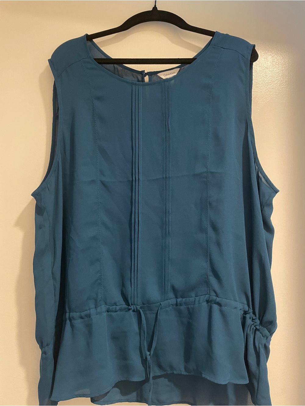 Calvin Klein Teal Pintuck Drawstring Chiffon Tank
